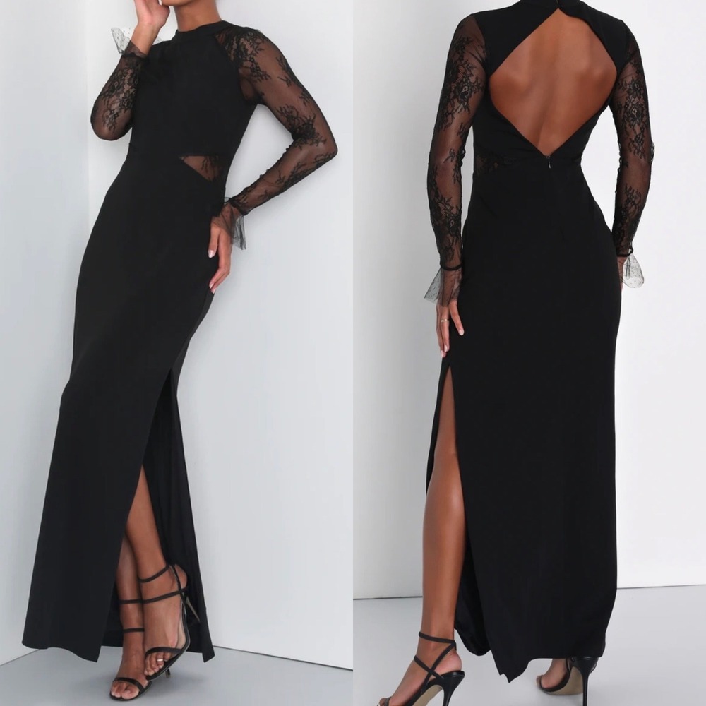 NWT Lulus Size Large Bragging Rights Black Lace Long Sleeve Column Maxi Dress